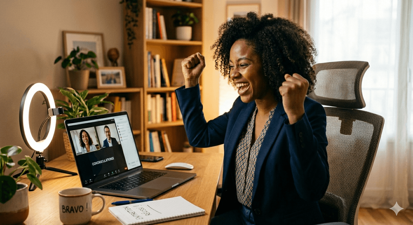 Candidat content devant son ordinateur